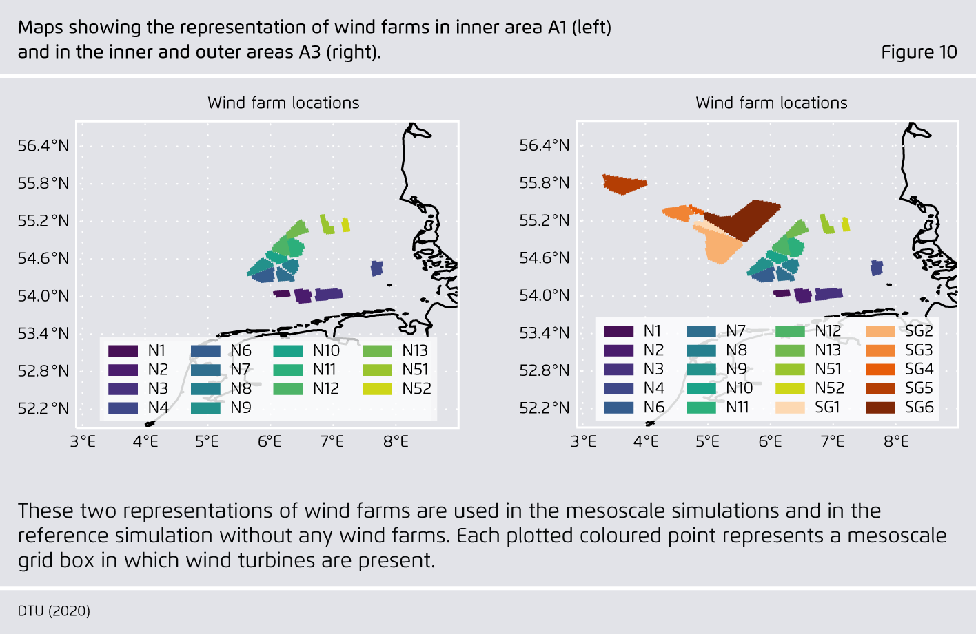 Preview for Maps showing the representation of wind farms in inner area A1 (left)  and in the inner and outer areas A3 (right).
