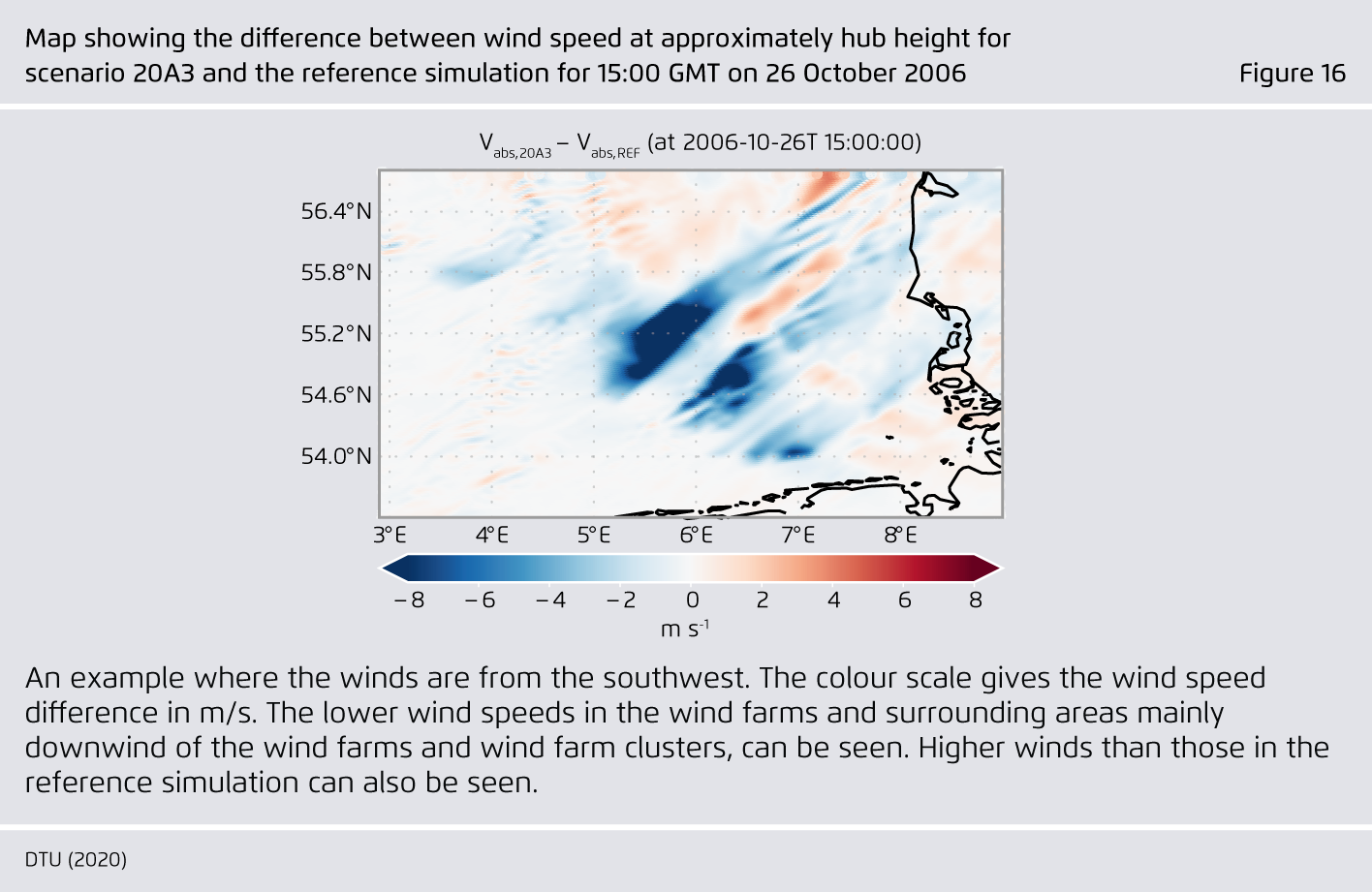 Preview for Map showing the difference between wind speed at approximately hub height for  scenario 20A3 and the reference simulation for 15:00 GMT on 26 October 2006