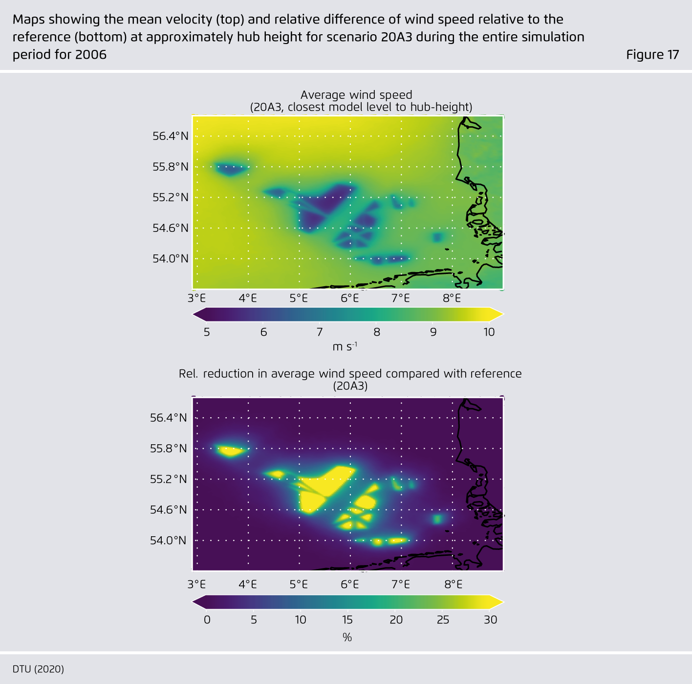 Preview for Maps showing the mean velocity (top) and relative difference of wind speed relative to the  reference (bottom) at approximately hub height for scenario 20A3 during the entire simulation  period for 2006