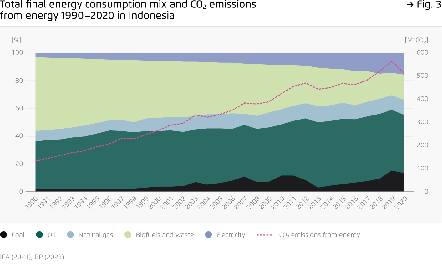 Preview for Total final energy consumption mix and CO2 emissions  from energy 1990–2020 in Indonesia